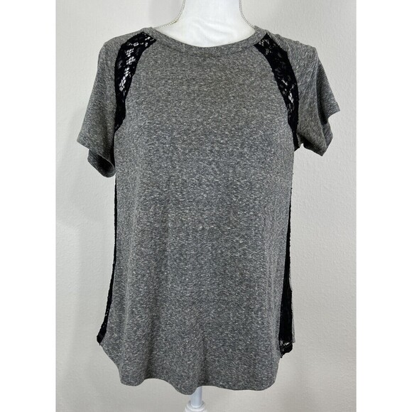 Rebecca Taylor Gray & Black Lace Inset T-Shirt Size Small (4/6) - Picture 1 of 12